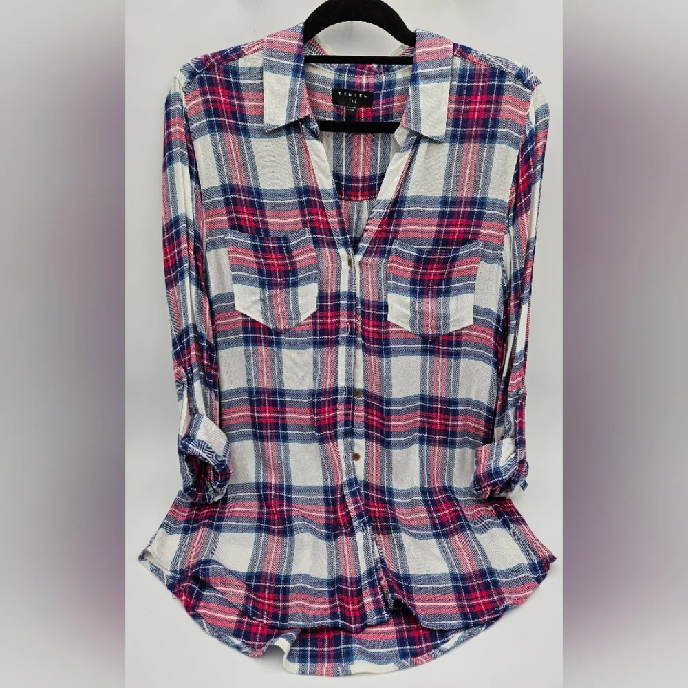 Tinsel Women’s Large Pink Blue Plaid Long Sleeve Button Down Shirt 100% Rayon - Picture 1 of 16